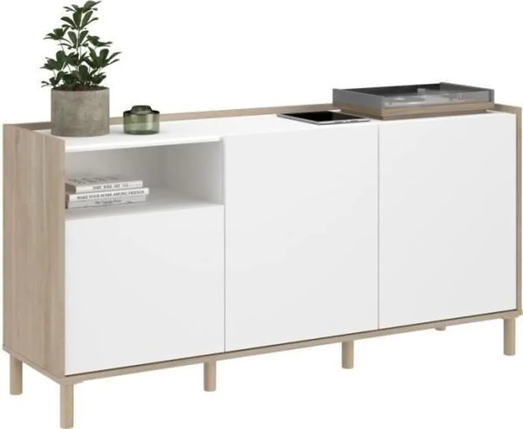 Buffet 3 Portes MORPHOS Blanc et Chêne - Meuble de Rangement Design 150cm