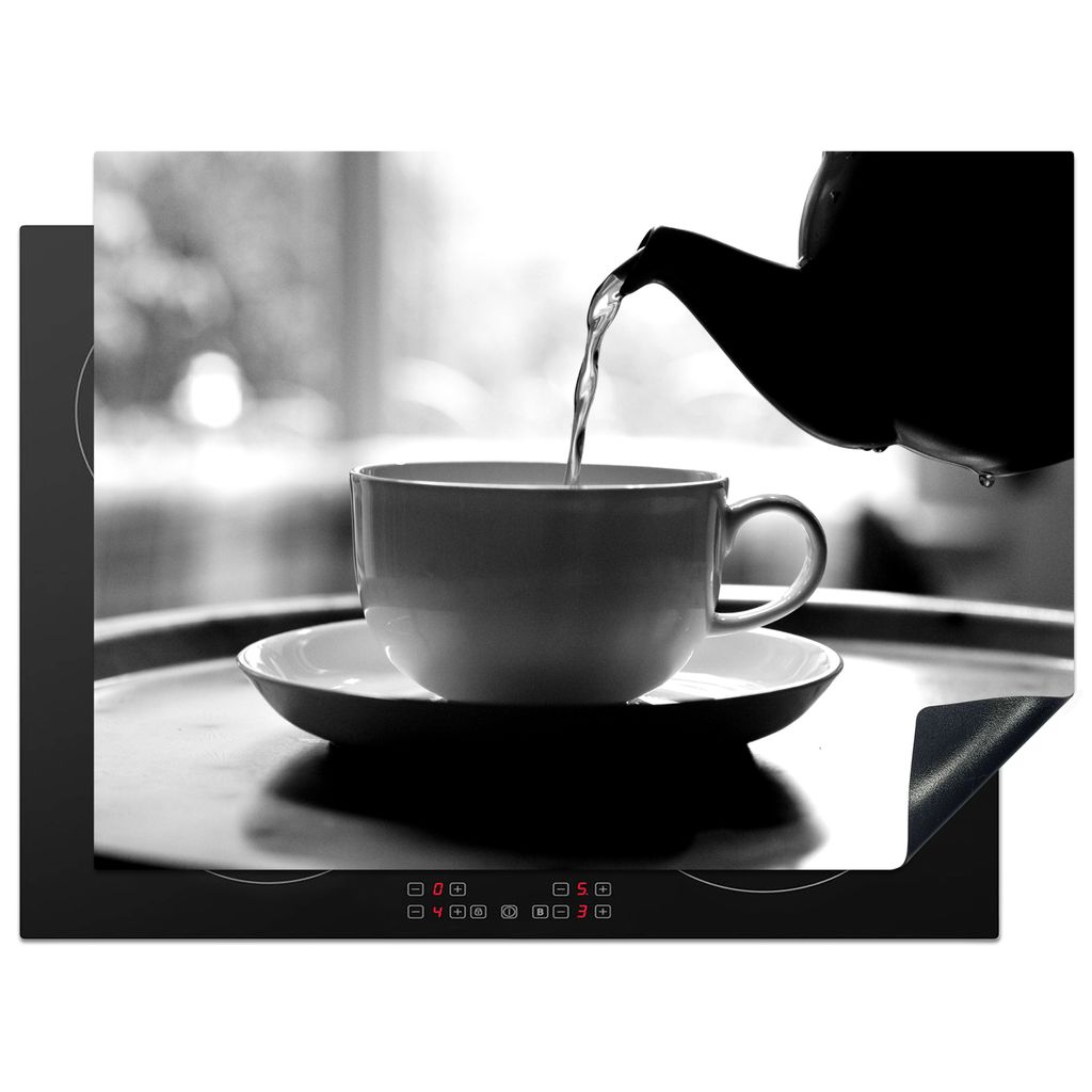 KitchenYeah Herdabdeckplatte Teekanne und Teetasse - schwarz und weiß , 70x52cm, Küche Deko, Glaskeramikkochfeld Herdabdeckung, Abdeckplatte f...