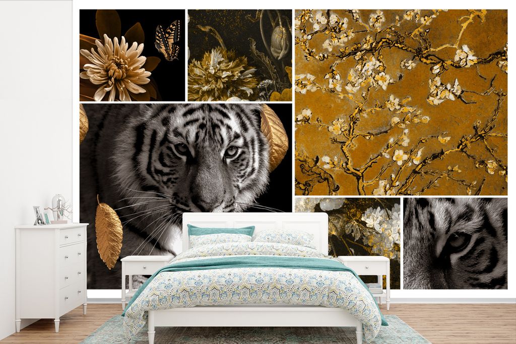 MuchoWow Fototapete für Wohnzimmer oder Schlafzimmer Wandtapete Vinyl Motivtapete Gold - Schwarz - Kunst - Glitter - 330x220 cm - Fototapeten