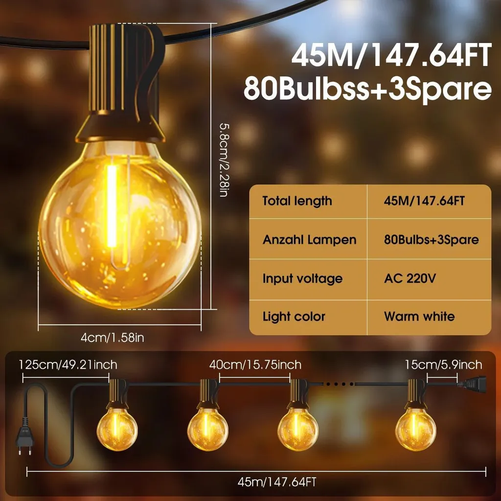 Guirlande Mariage et Réception 45m Éclairage Extérieur Robuste 83 LED - 2