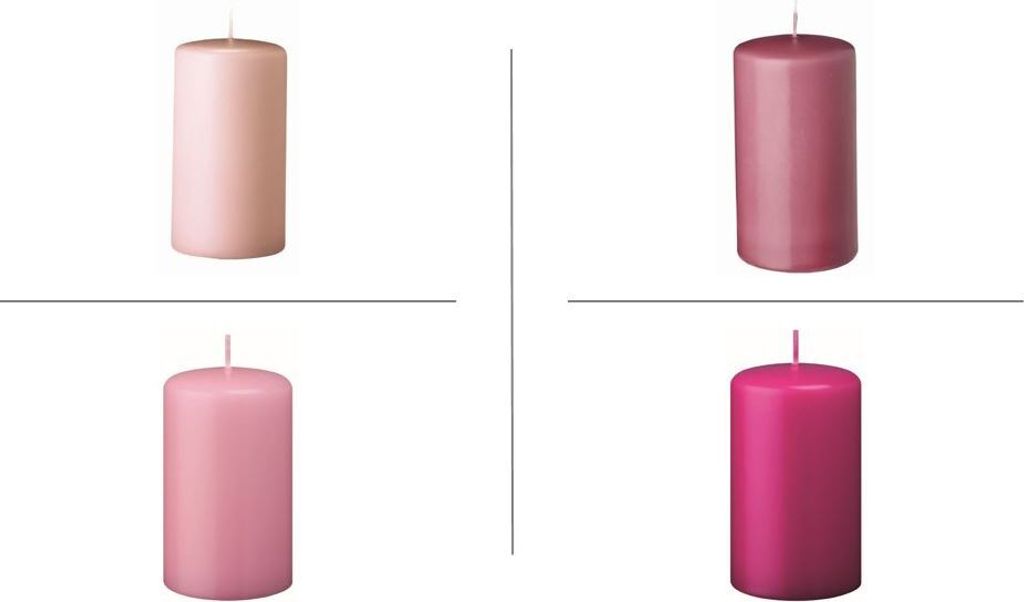 Stumpenkerzen Farbsystem C in der Größe 120/60 mm (H x D), 16 Stück (je 4 Kerzen in der Farbe tauperose - rosa - fuchsia - antique pink)