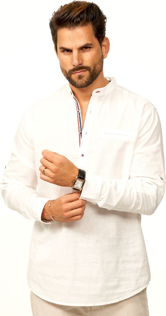 behype. Herren Langarmhemd aus Leinen im Regular-Fit Tunikahmed Herren Leinenhemd Freizeithemd mit Stehkragen als Sommerhemd