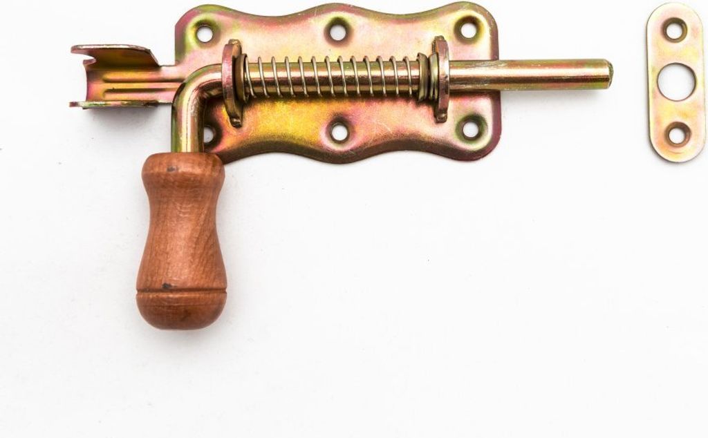 BKshop | Türriegel - Federriegel - 150x50 mm - Gelb Verzinkt - Für Türen und Schränke - Torriegel - WSP 150 - Griff aus Holz