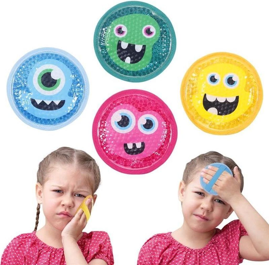 Magic Gel 4er Pack Kühlpack - 4x Kühlpads für Kinder - 4 Kühlpads aus Gel - 4er Set Kühlakku für Kinder - Monsterprint Kühlakkus mit Band - ...