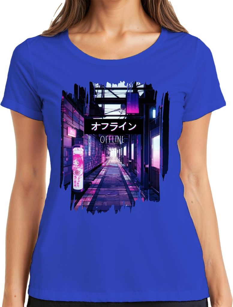 オフライン OFFLINE Cyberpunk Neon Anime Vaporwave Ästhetik Japan Retro Damen T-Shirt, Blau, XXL
