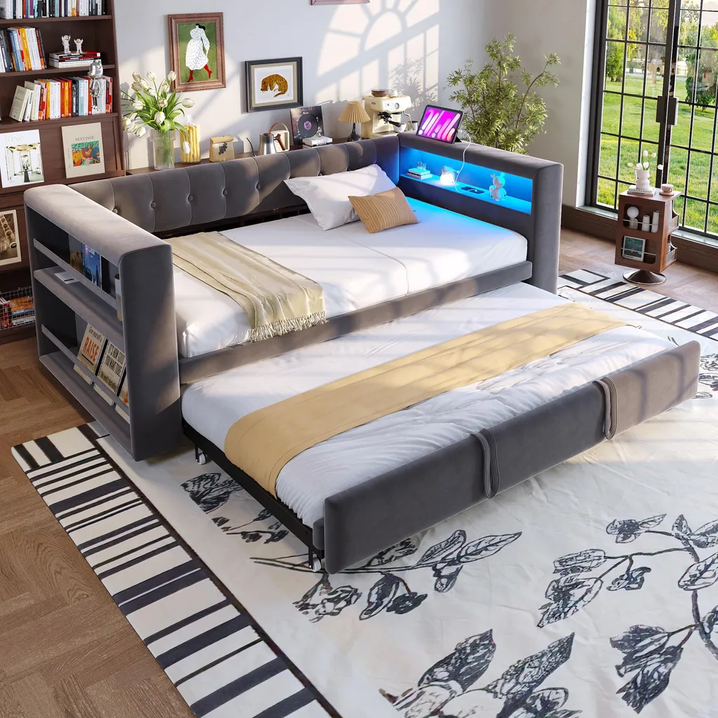 Canapé-lit Extensible 90/180x190cm avec Rangement et Prises USB Gris