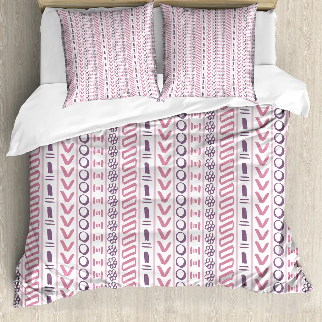 ABAKUHAUS Copripiumino a righe, cerchi floreali, antiacaro, adatto a chi soffre di allergie, con federe, 155 cm x 220 cm - 80 x 80 cm, rosa lilla