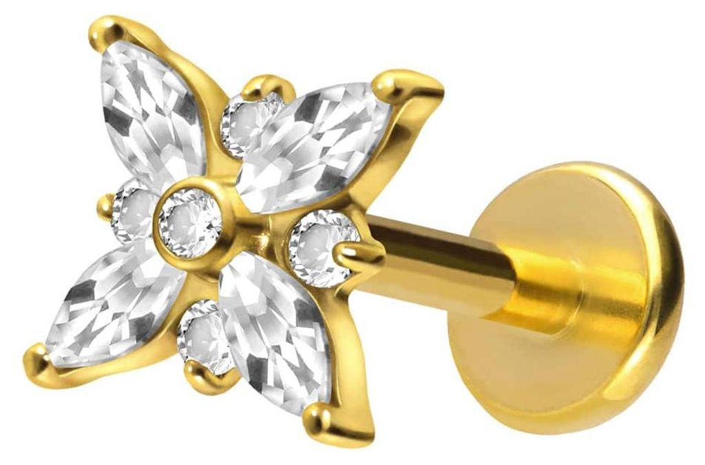 Ohrpiercing, Nasenpiercing Titan Labret mit Push Fit KRISTALLSTERN Gold Stablänge: 9mm | Stabstärke: 1mm
