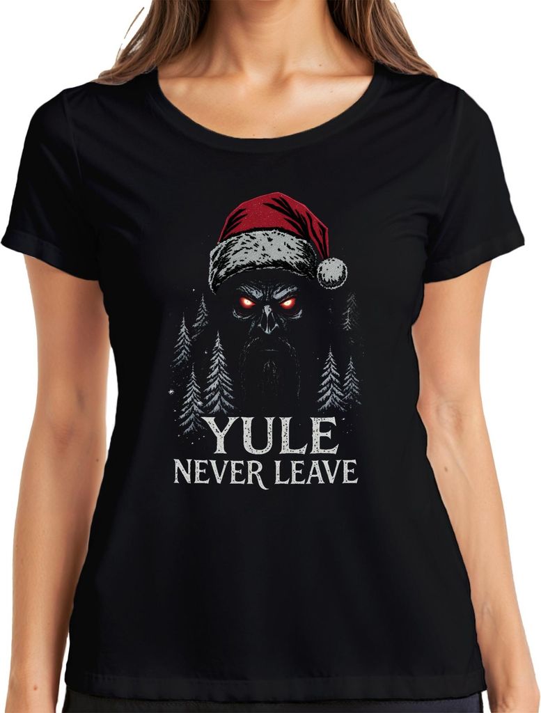 YULE NEVER LEAVE Grusel Weihnachtsmann Totenkopf rote Augen Bart Damen T-Shirt, Schwarz, XL