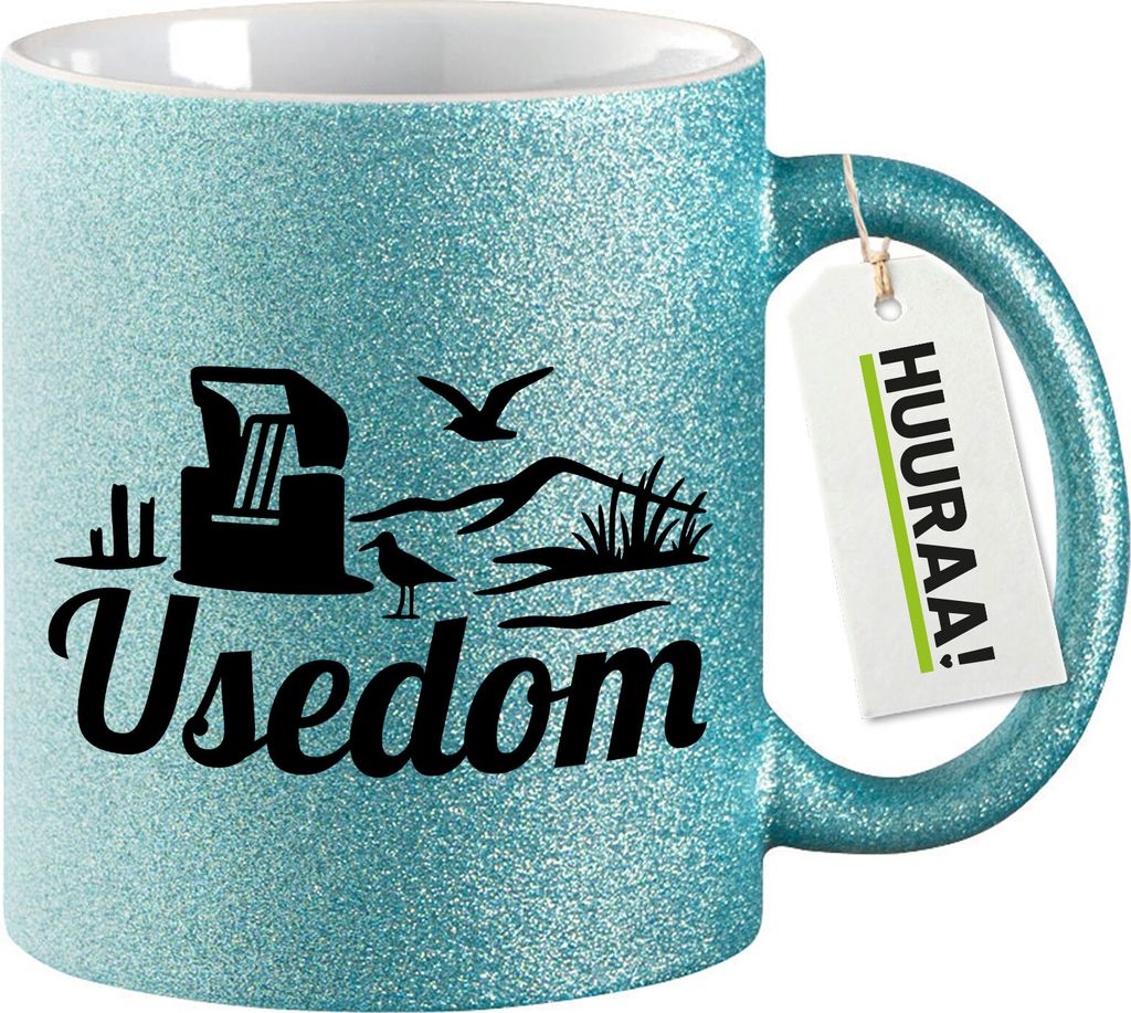 Huuraa Glitzertasse Usedom Strandmotiv 330ml Blau Keramik Kaffeebecher Geschenkidee
