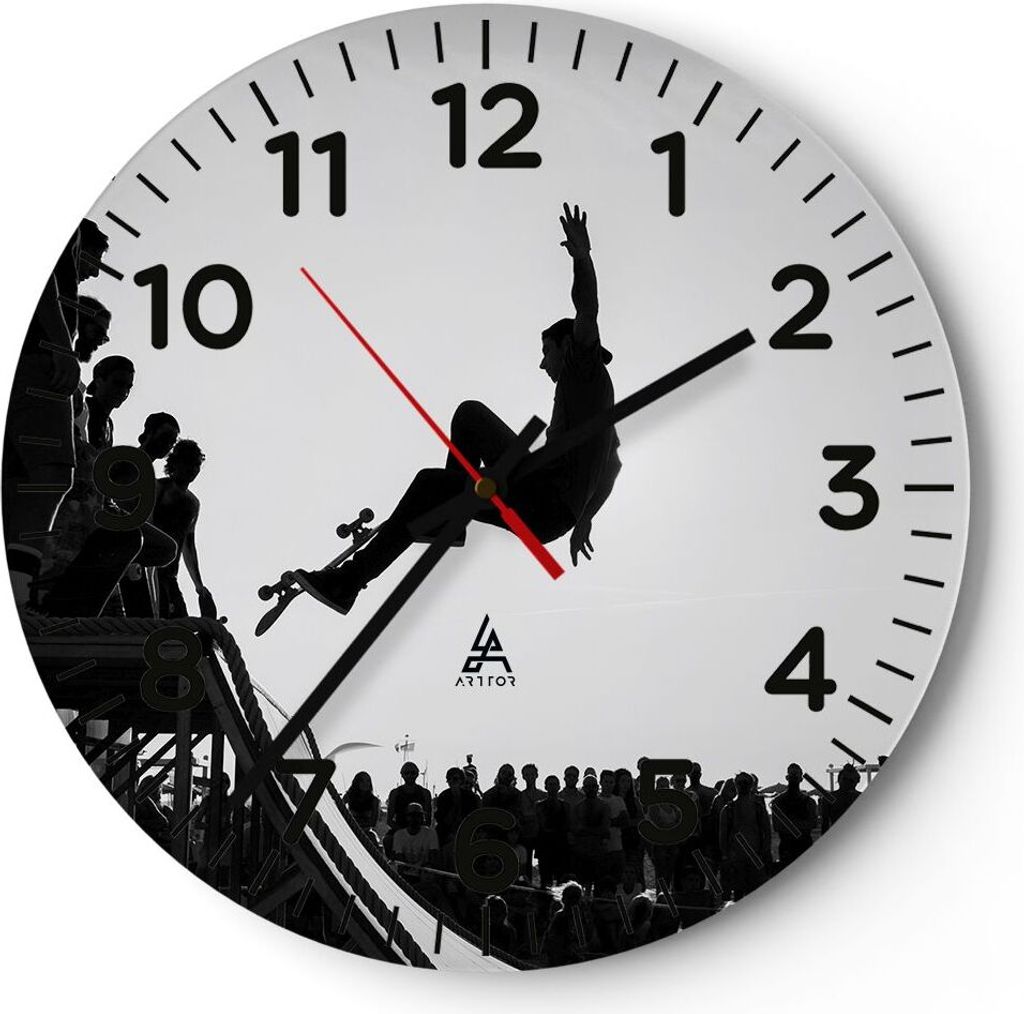 Wanduhr - Rund - Glasuhr - Sport Skateboard - 30x30cm - Schleichendes Uhrwerk - Lautlos - zum Aufhängen bereit - Dekoration Modern - Wanddekoratio...