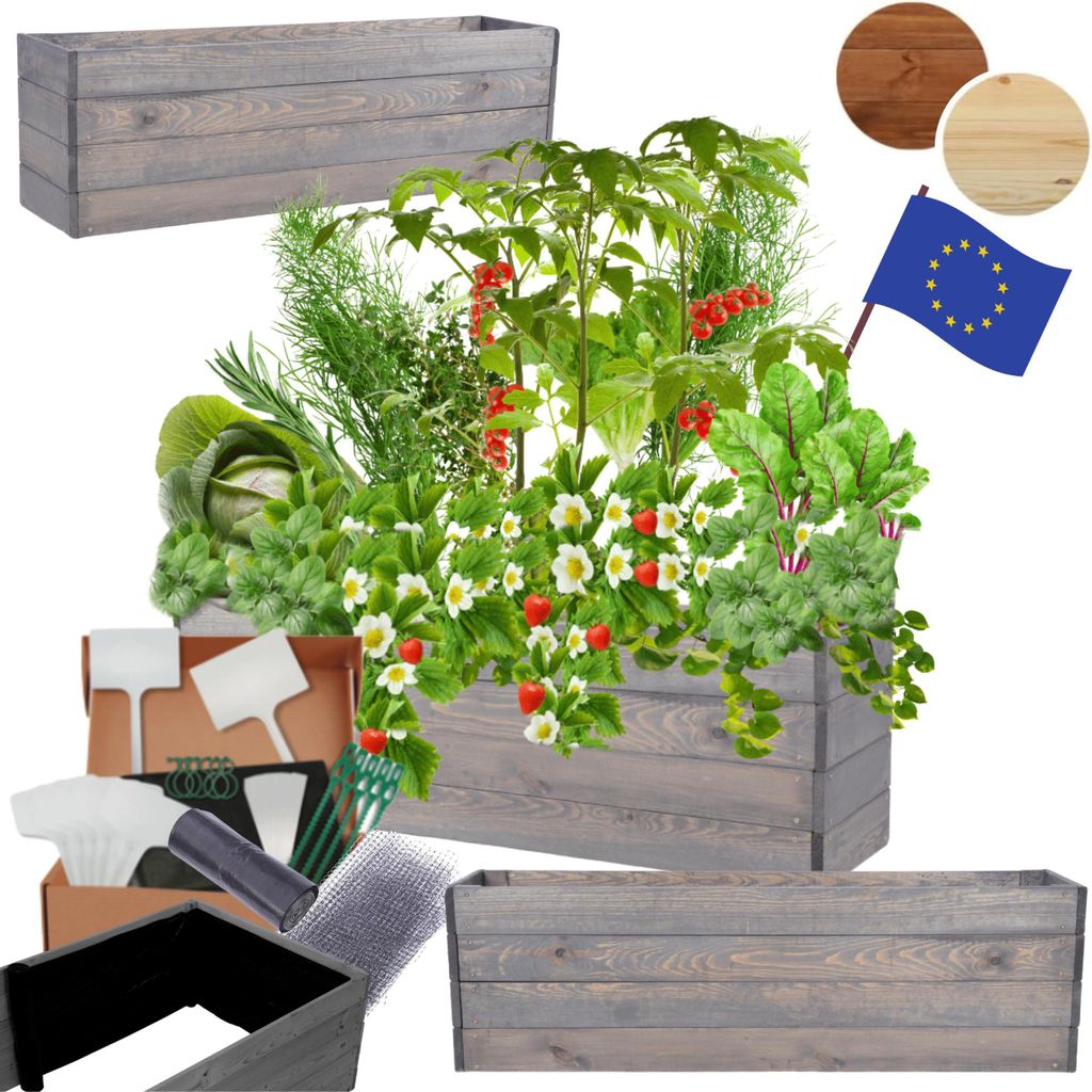 MODO24 Hochbeet Holz, Pflanzkasten, Massivholz, Kiefer, Kräuterbeet, Blumenkasten, Garten, Terrasse, 36x120x30 cm, Grau, ZP06