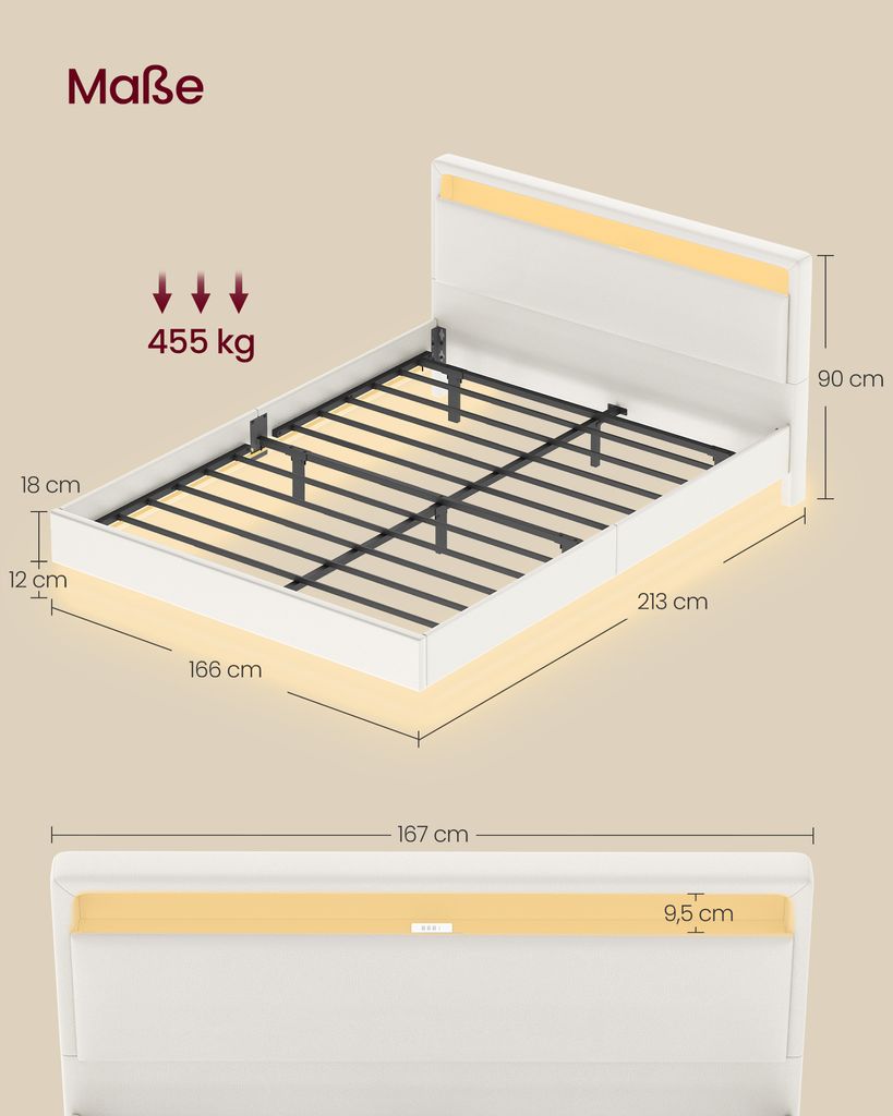 A diagram showing the dimensions of a white bed frame with yellow LED lighting.
