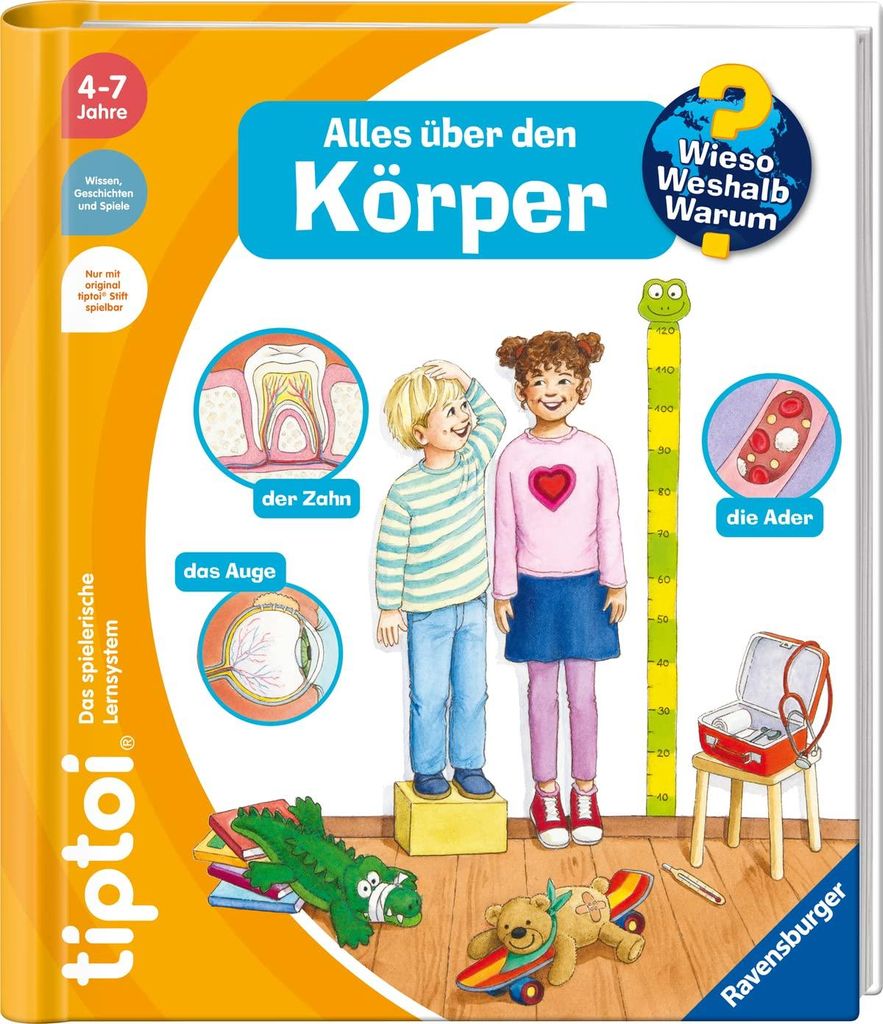 The cover of a children's educational book about the human body, featuring illustrations of children, anatomical diagrams, and toys.