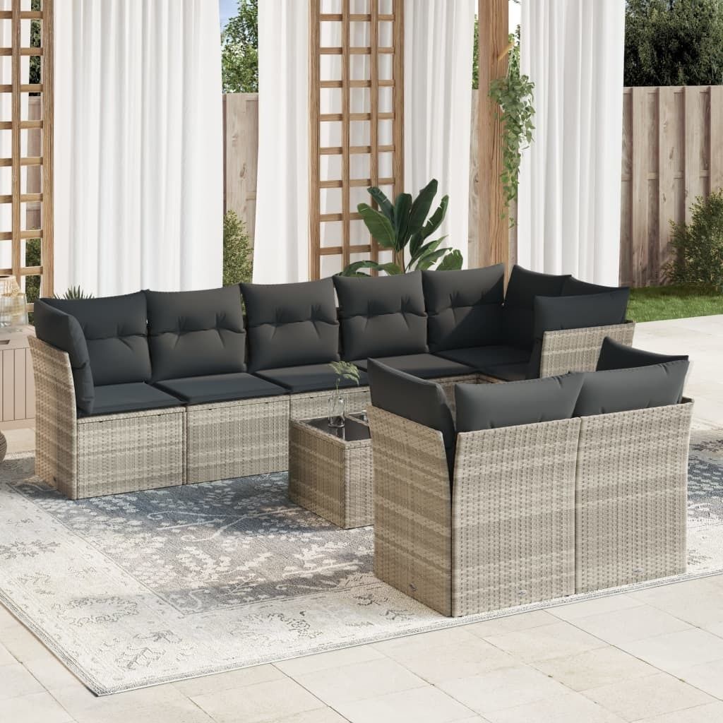 Industrie-Stil 9-tlg. Garten-Sofagarnitur Sofa Set mit Kissen Hellgrau Poly Rattan Terrassenmöbel2024 cloris