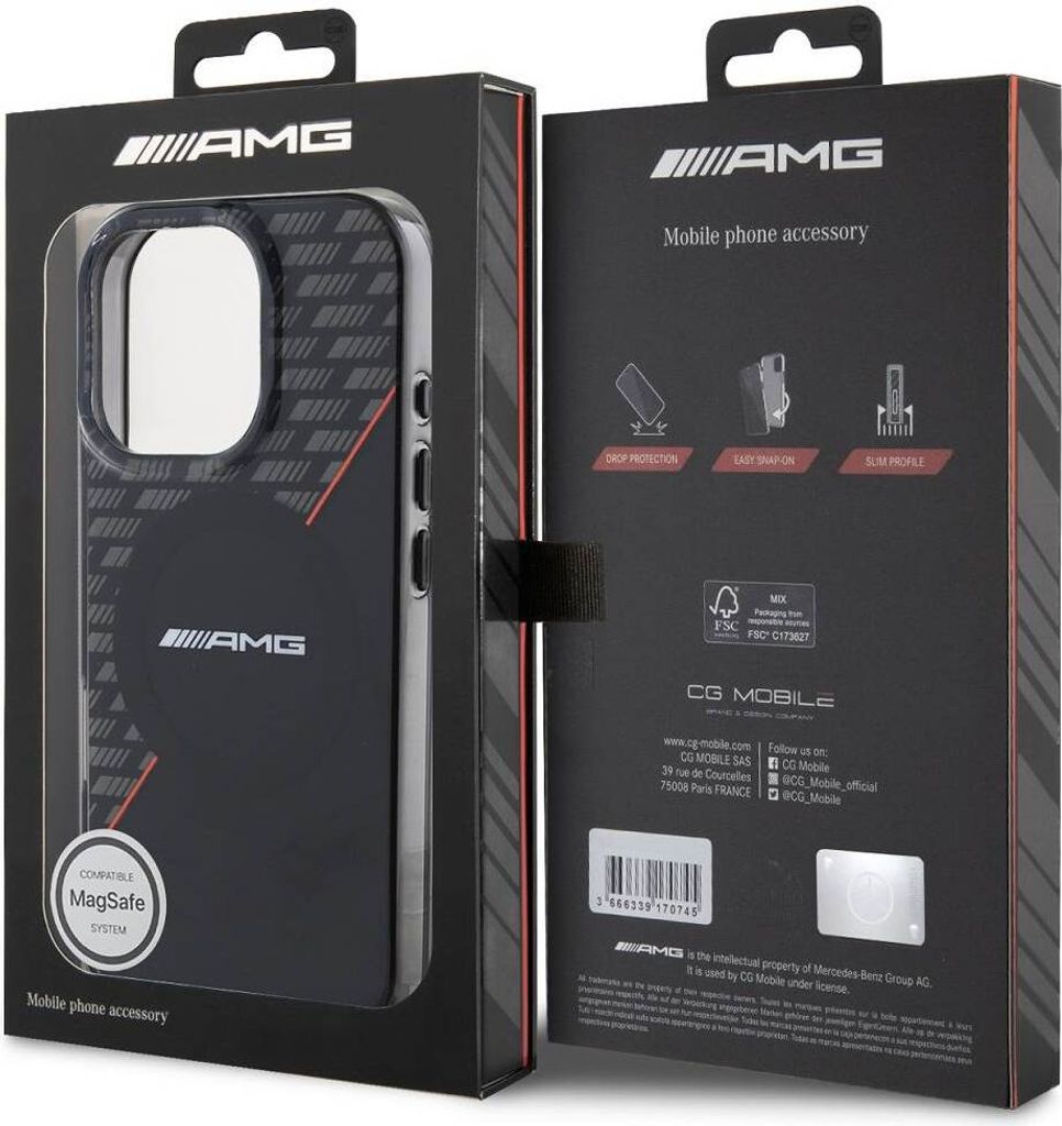The image shows the front and back packaging of an AMG iPhone 16 Pro back cover case.