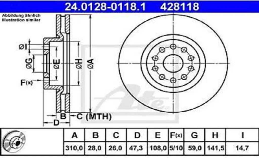 2x Disques de Frein ATE 24.0128-0118.1 pour Essieu Avant Haute Qualité