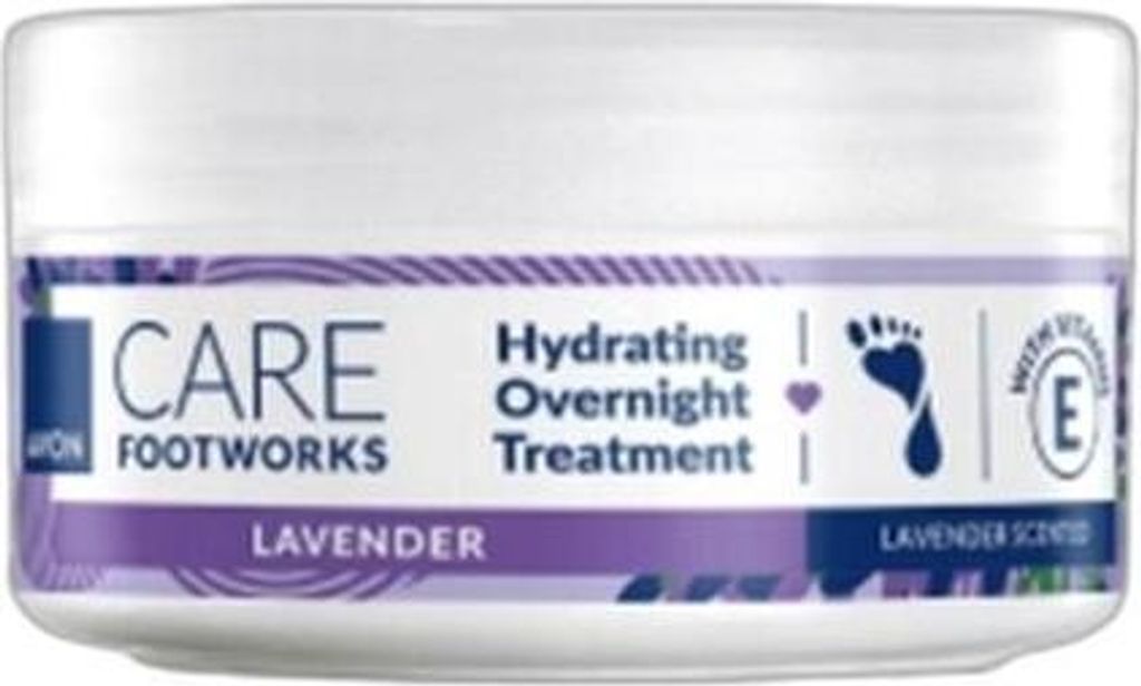 A white jar of foot cream with a purple and blue label.