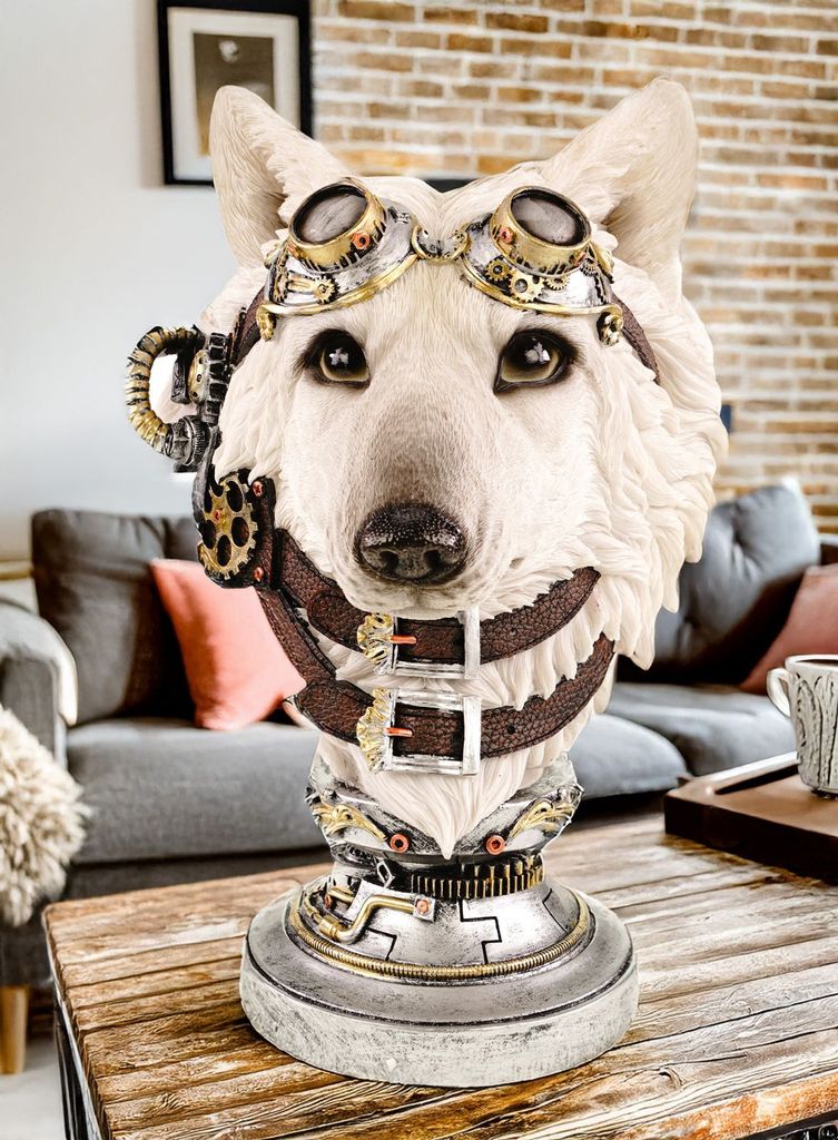 Kremers Schatzkiste XXL Steampunk Wolfsbüste Polyresin Deko Figur 35x 24x 24 cm