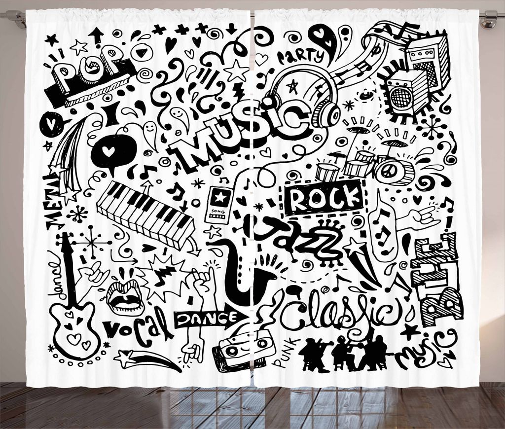 ABAKUHAUS Gekritzel Rustikaler Vorhang, Rock Jazz Blues Tanzen, Wohnzimmer Universalband Gardinen mit Schlaufen und Haken, 280 x 245 cm, Weiß Schwarz