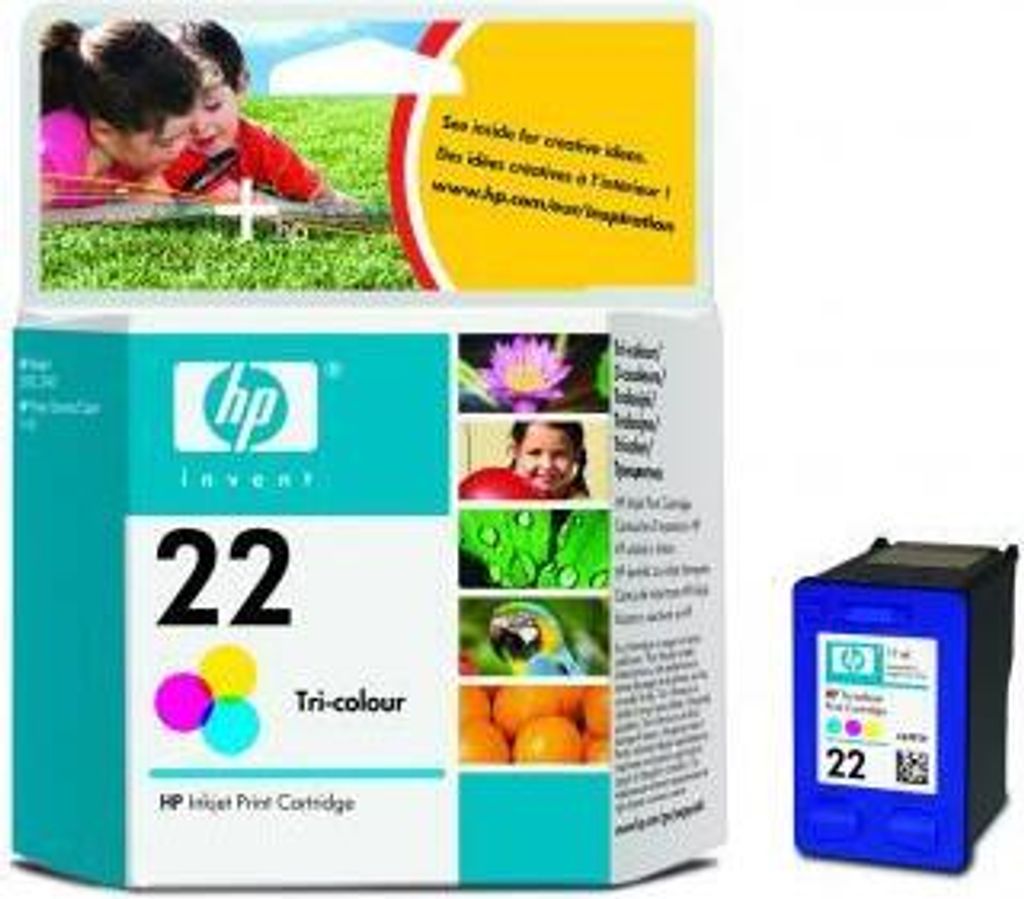 A product shot of an HP 22 Tri-colour Inkjet Print Cartridge box and a single cartridge.
