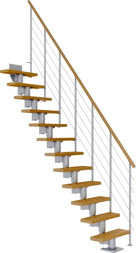 Dolle Mittelholmtreppe Dublin Gerade aus Eiche lackiert 71 cm breit für GH 278–337 cm UK Metall Perlgrau mitlaufende Edelstahlstäbe