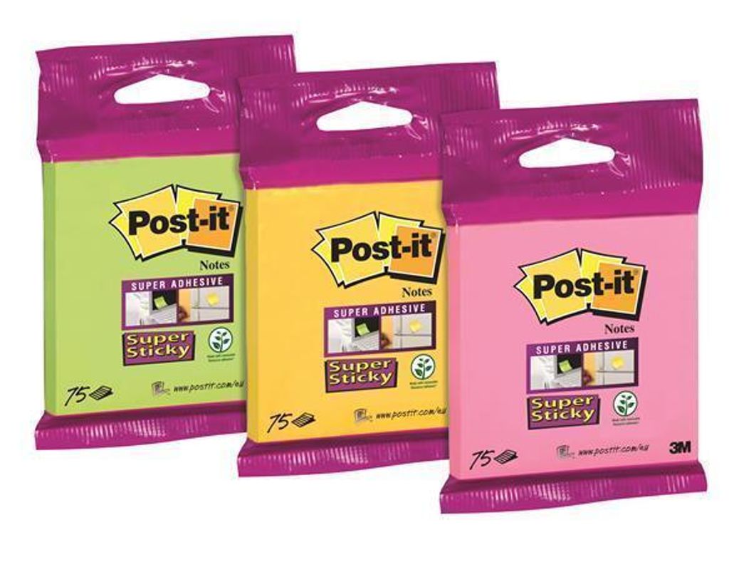 Bloc autocollant 3M Post-it Super Sticky, 76x76 mm, mélange Image du produit 