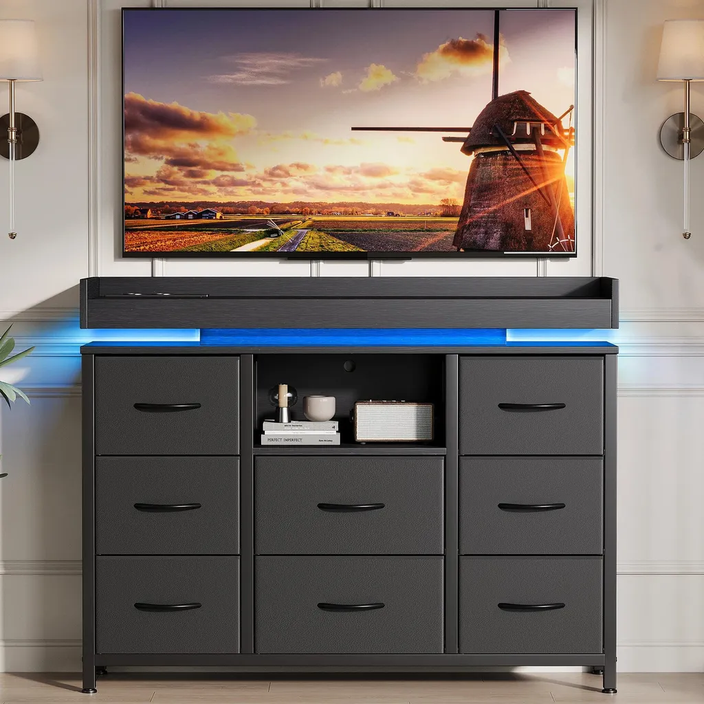 Commode de rangement noire à 8 tiroirs en tissu avec LED RGB intégrée