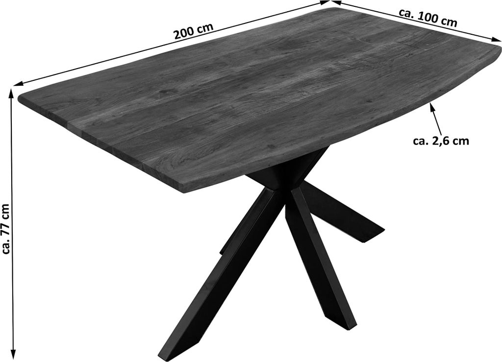 Baumkantentisch 200 x 100 cm Kalea, Akazienholz nussbaumfarben & massiv, Esstisch mit schwarzem Spider-Metallgestell, Tischplatte 26 mm, Esszimmert...