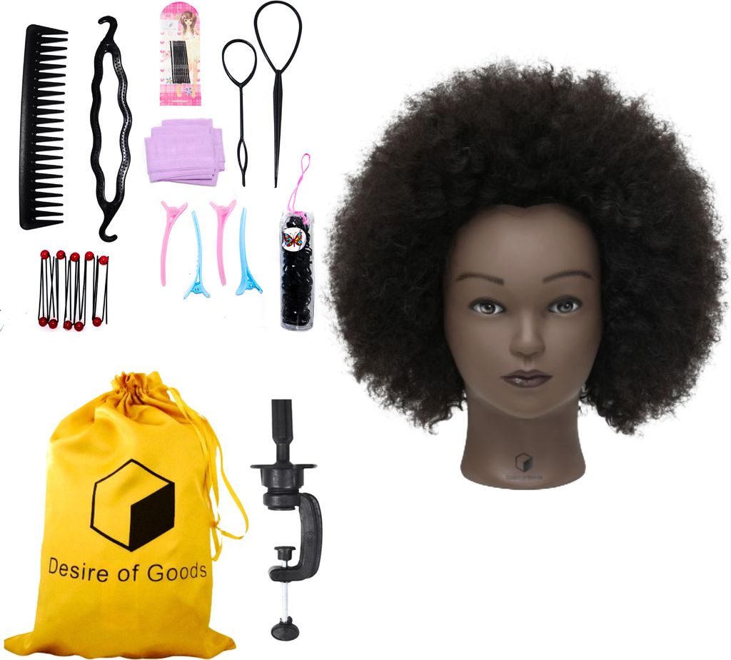 Desire of Goods Afro Übungskopf Friseurkopf – Echthaar – mit Tischklemme & Styling-Zubehör – Frisierkopf – Friseurkopf – 30 cm