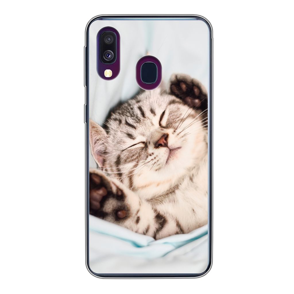 MuchoWow Handyhülle Schutzhülle Hülle für Samsung Galaxy A40 Kätzchen - Lustig - Bett - Kinder - Jungen - Mädchen - Kinder Silikon Softcase...