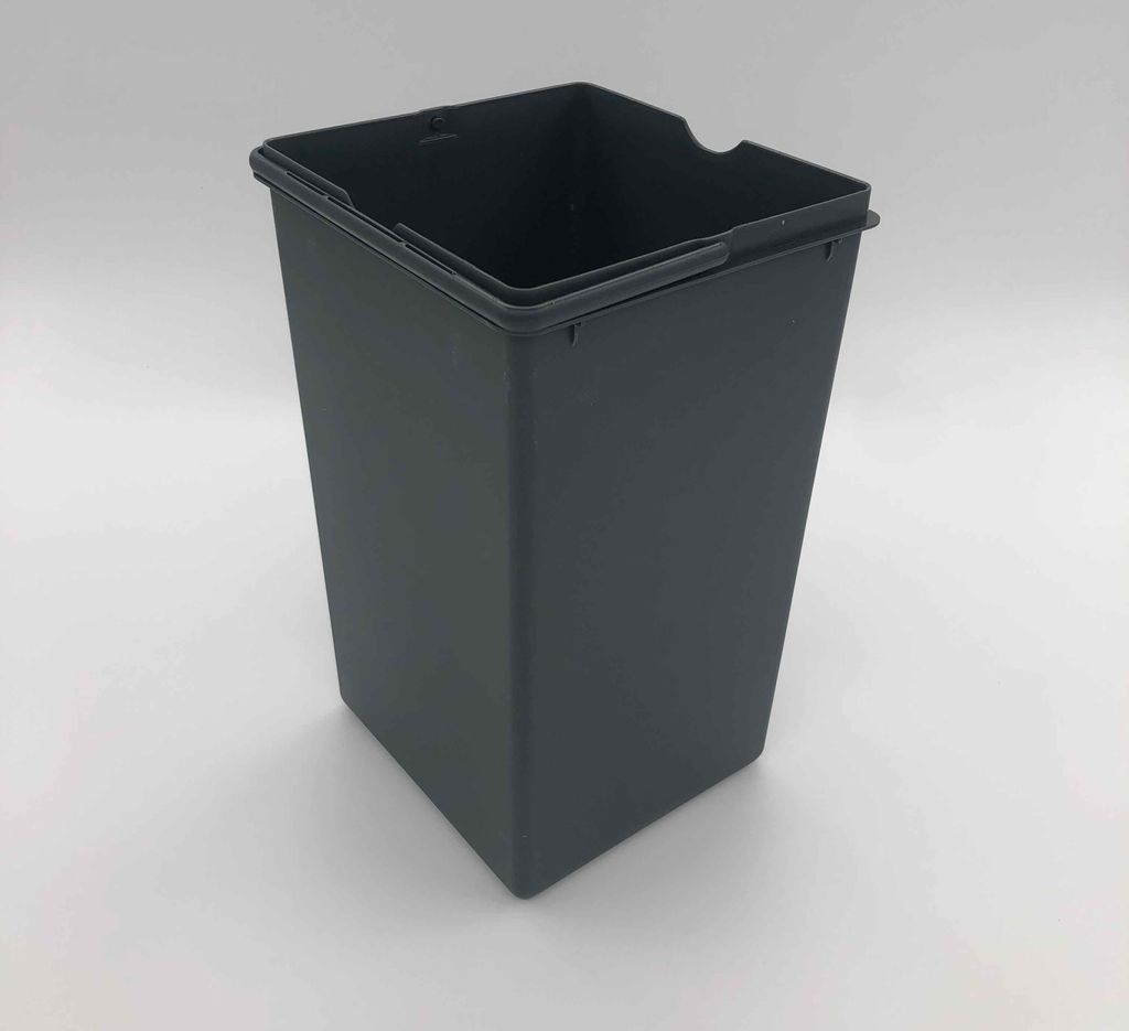A dark gray plastic trash can insert is shown against a white background.