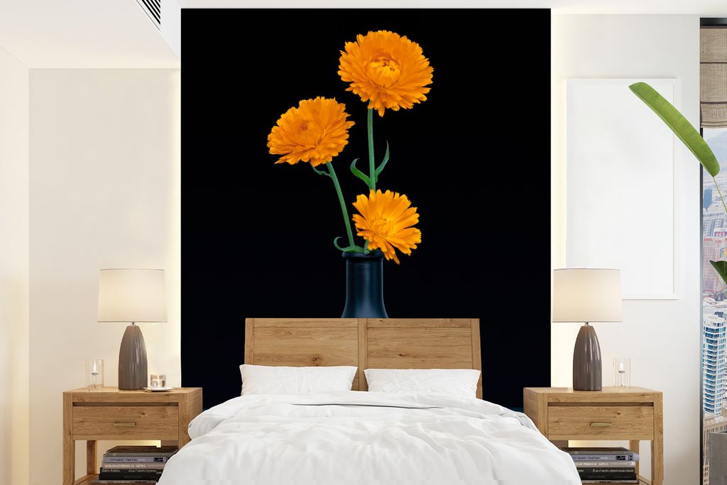 MuchoWow Fototapete für Wohnzimmer oder Schlafzimmer Wandtapete Vinyl Motivtapete Vase - Blumen - Orange - 160x220 cm - Bildschirmhintergrund