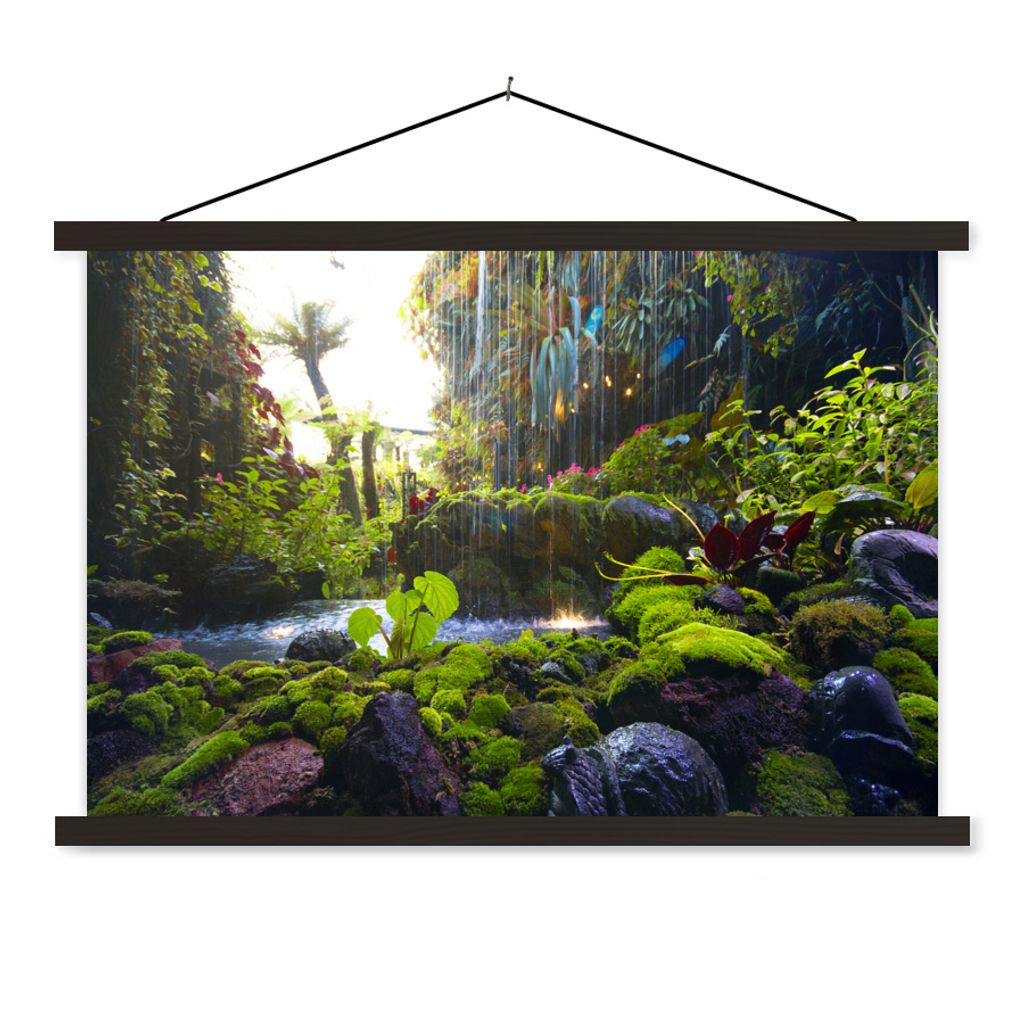 MuchoWow Textilposter Tropischer Wasserfall 90x60 cm mit schwarzem Rahmen - Aufhängungssatz