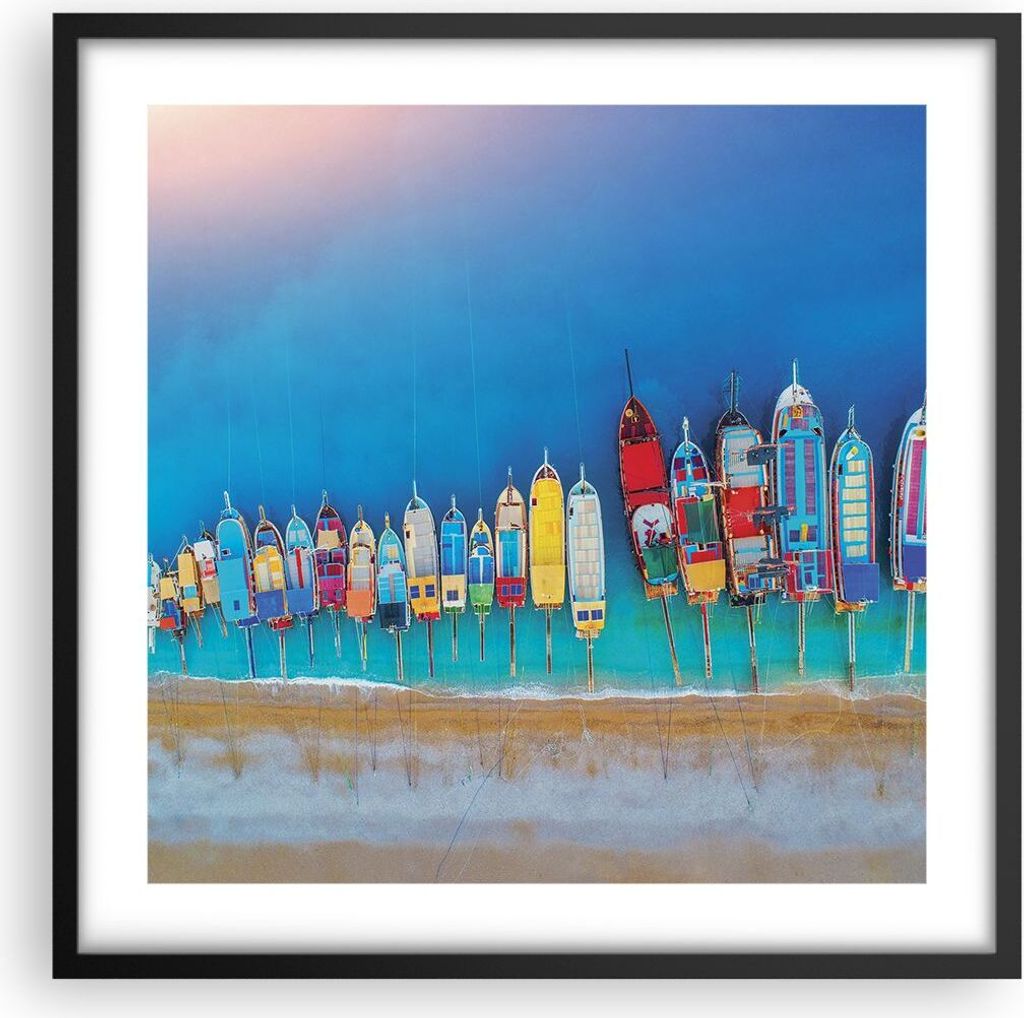 Gerahmtes Poster - Schwarzer Rahmen - Schiffe Strand Perspektive - 50x50 cm - Wand Bild - Wanddeko - Wandbilder - Kunstposter - Wandposter - Bilder...