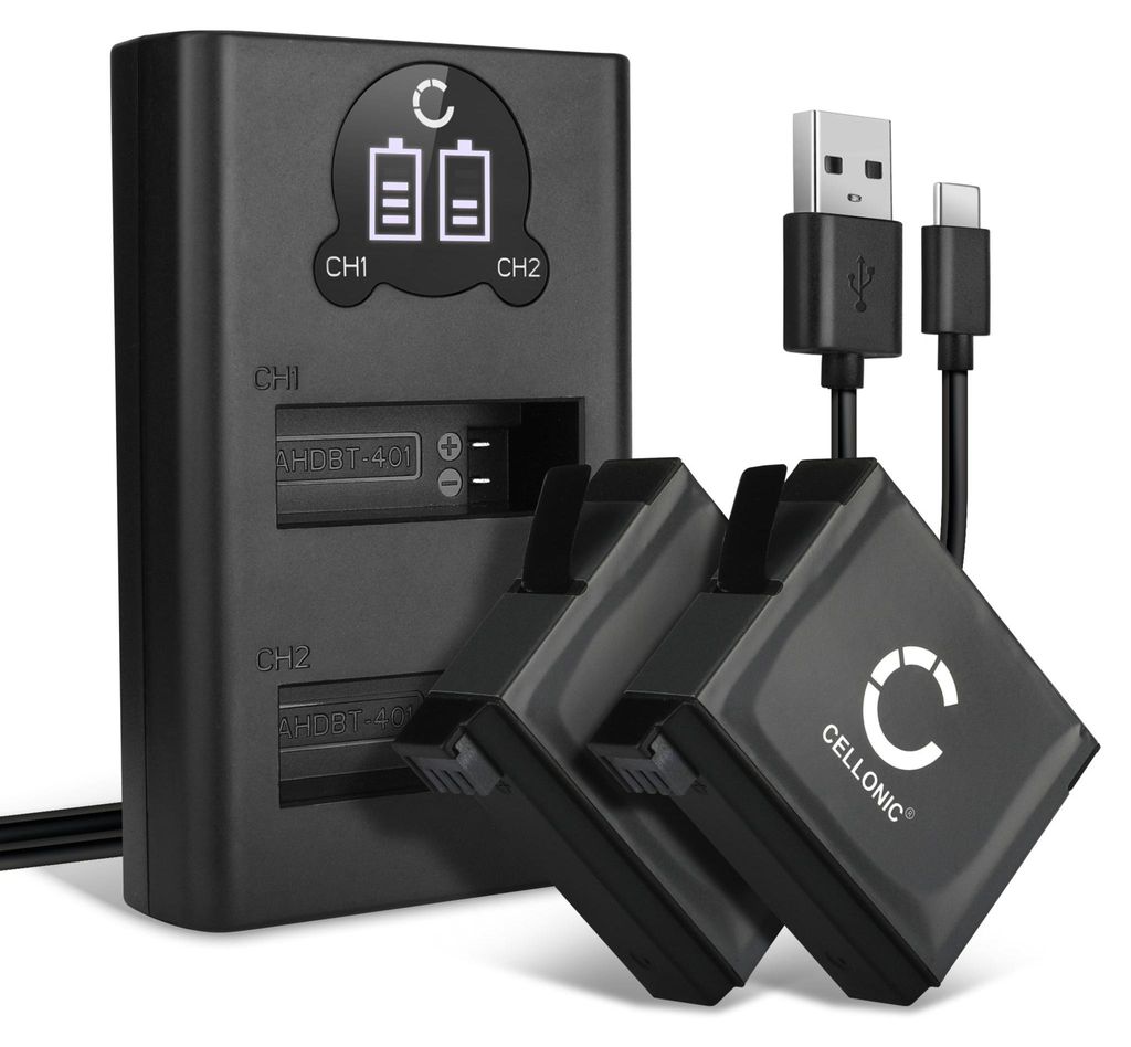 CELLONIC 2x Akku für Kamera Kompatibel mit GoPro Hero 4, Hero 4 Black, Hero 4 Silver, 335-06532-000 - (1160mAh, 3.8V) + Dual Ladegerät