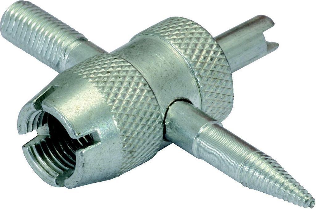 A close-up studio shot of a metal valve threading tool.