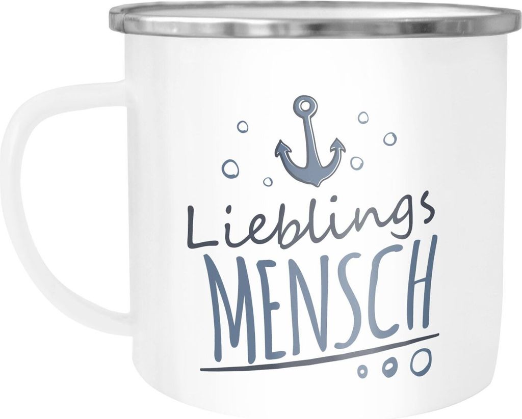 Emaille-Tasse Becher Schriftzug Lieblings - Freund/Bruder/Papa/Mensch mit Ankermotiv Geschenk Lieblingsperson Moonworks Mensch weiß-metall unisize