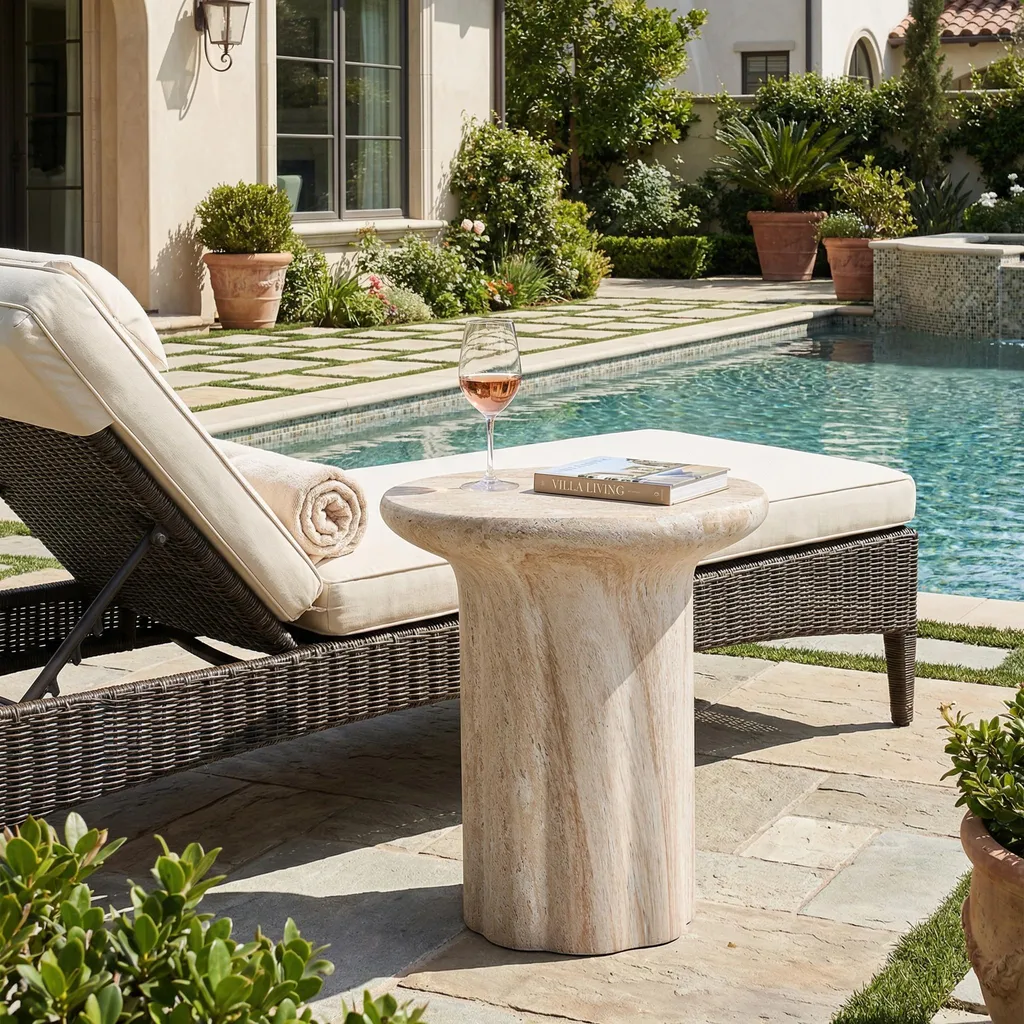 Table d'appoint beige résistante intempéries Merax - Aspect travertin