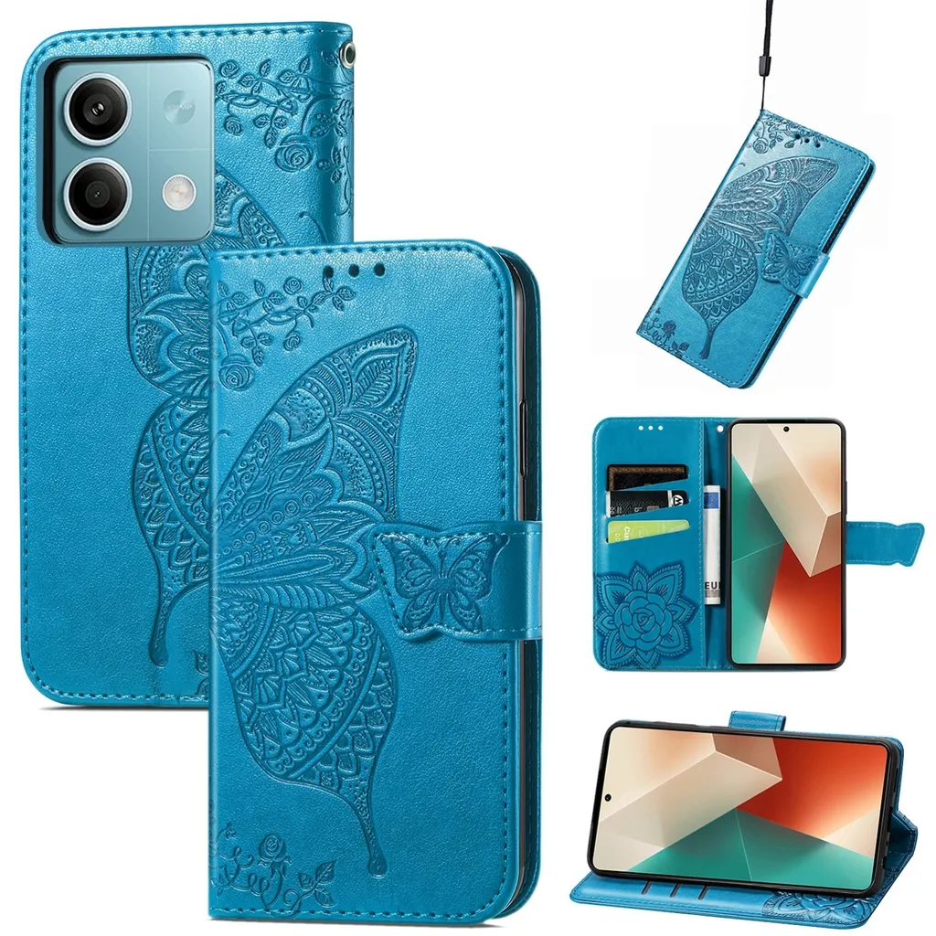 Per Xiaomi Redmi Note 13 Portafoglio in Custodia per telefono cellulare Farfalla Design Custodia protettiva Cover Casi Blu