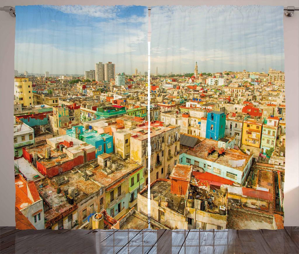 ABAKUHAUS Reise Rustikaler Gardine, Havana Stadthäuser, Schlafzimmer Kräuselband Vorhang mit Schlaufen und Haken, 280 x 225 cm, Mehrfarbig