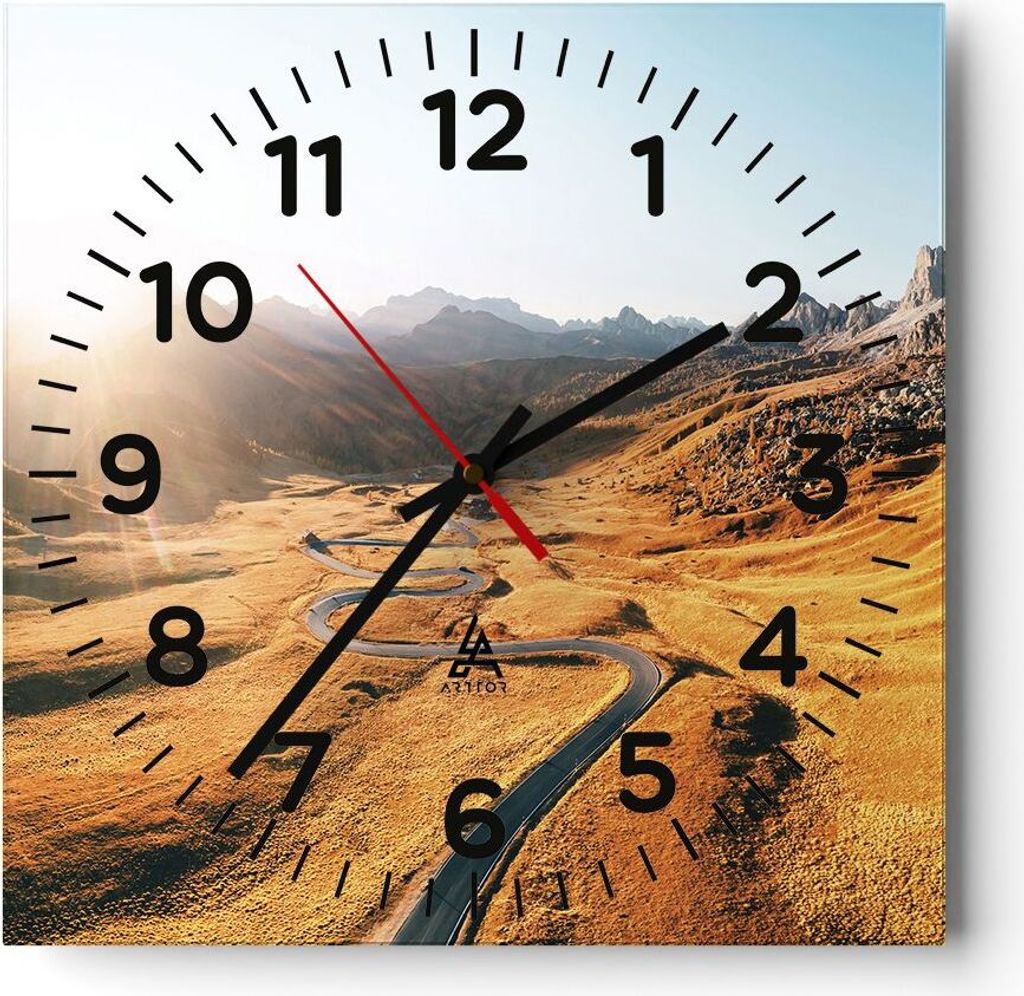 Wanduhr - Quadrat - Glasuhr - Sonne Berge Weg - 30x30cm - Schleichendes Uhrwerk - Lautlos - zum Aufhängen bereit - Dekoration Modern - Wanddekorat...