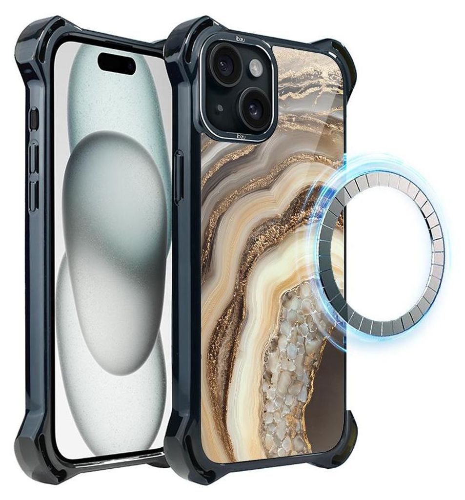 Schutzhülle für das iPhone 15, MagSafe-kompatibel, verstärkte Ecken, schwarz, Zierstein, Achat