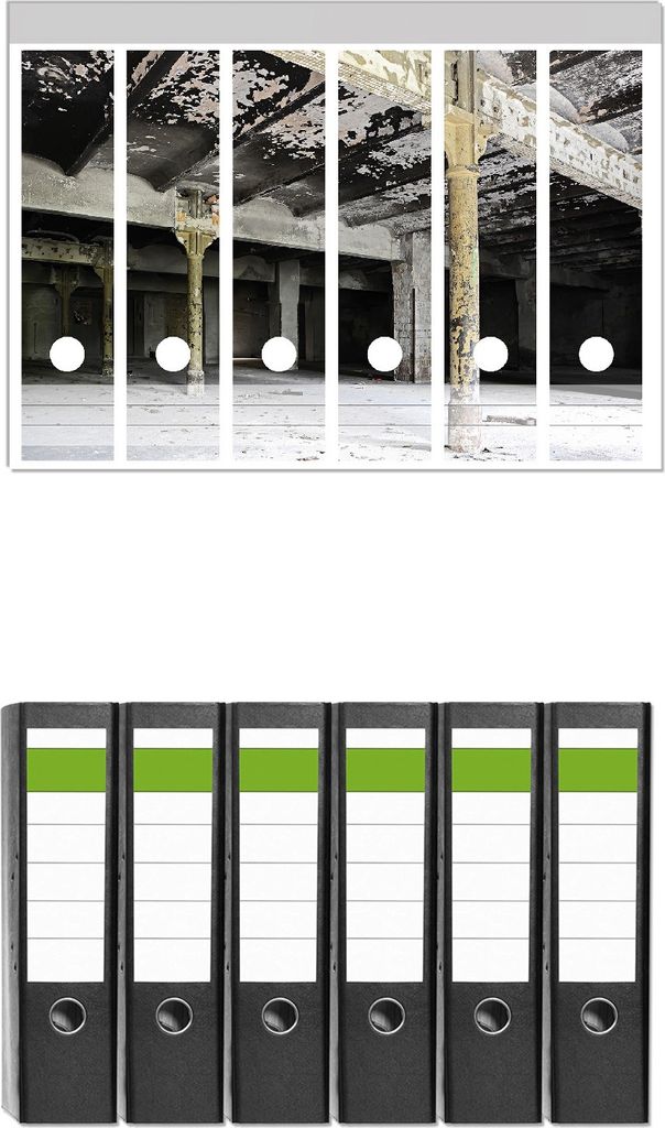 Wallario 6 Stück breite Ordner inkl. Klebeetiketten mit Motive Verlasse Brauerei - Alte Industriehalle - Set mit Rückenschildern / Ordnerrücken...