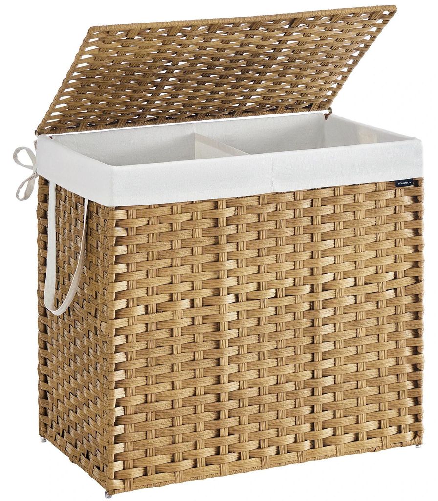 Wäschesortierer - Wäschekorb 2 Fächer - Faltbar - Mit Deckel - Herausnehmbarer Wäschesack - Metallrahmen - Rattan-Optik - Braun