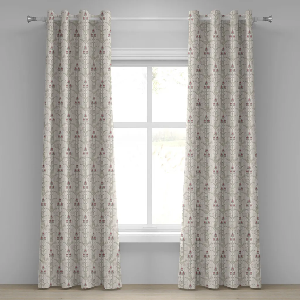 Rideaux motif floral rétro vert sauge et rose clair en tissu souple