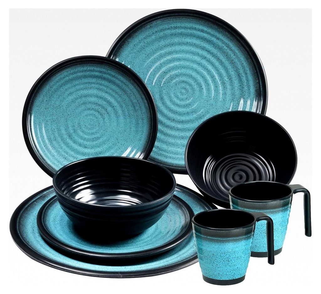 Campinggeschirr Set aus Melamin für 2 Personen - mit Tellern und stapelbaren Tassen - 8 Teile - Blau-Schwarz - Outdoor Tafelgeschirr für Wohnwage...