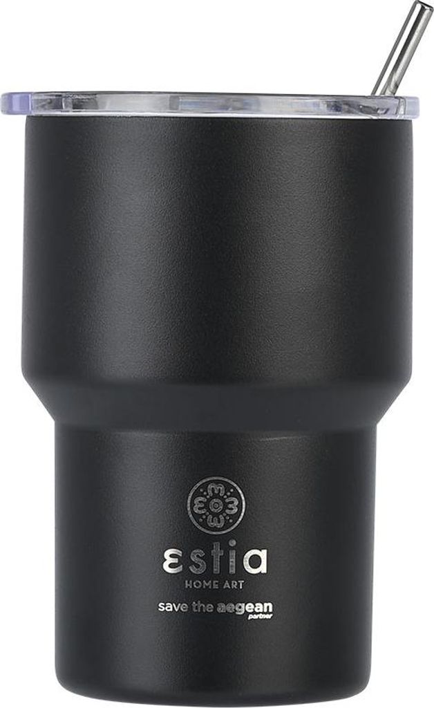 ESTIA | Isolierbecher - 400 ml - schwarzer Thermobecher - mit Strohhalm und Dichter Deckel