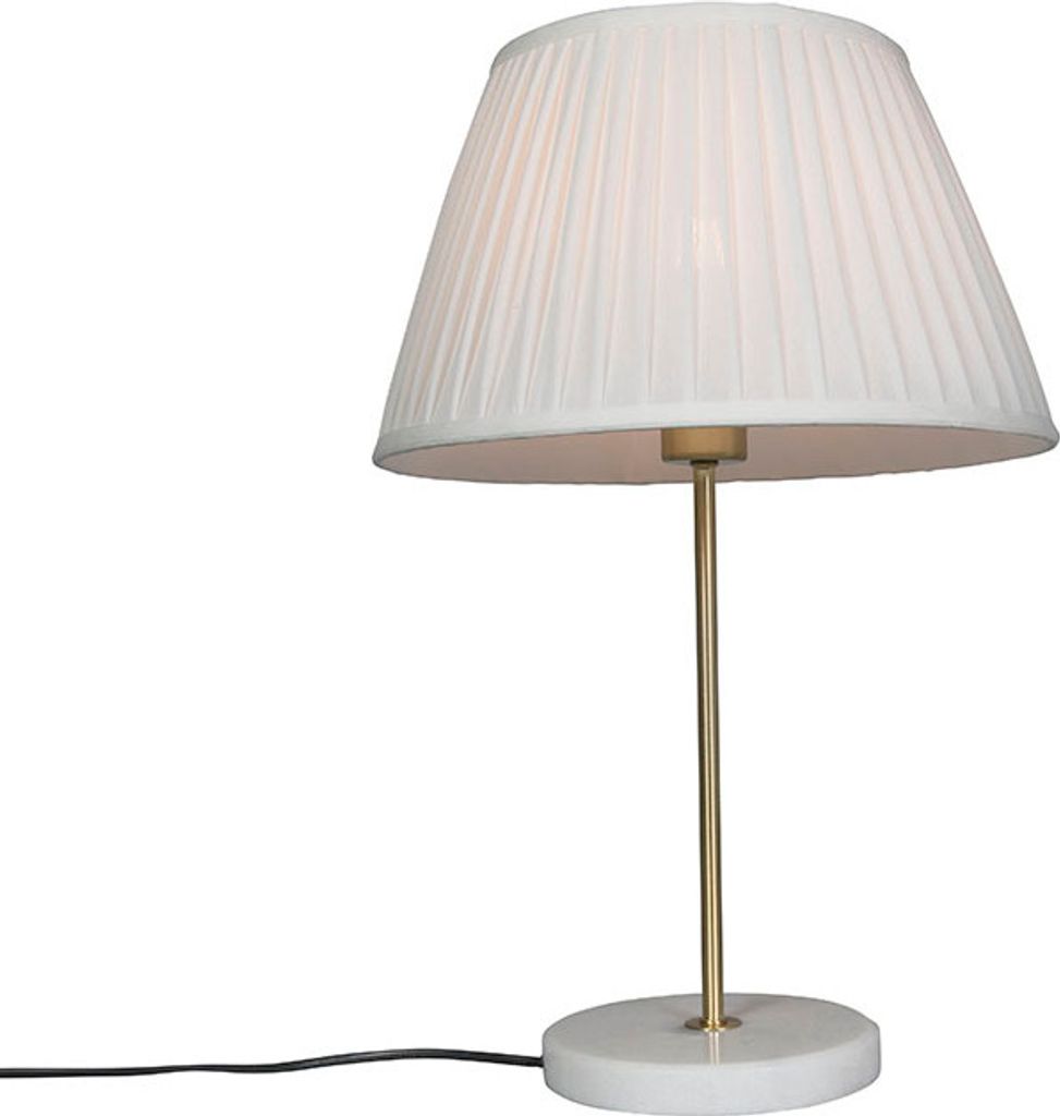 QAZQA - Retro Retro Tischlampe Messing mit Plissee Schirm Creme 35 cm - Kaso I Wohnzimmer I Schlafzimmer - Stahl Rund - LED geeignet E27