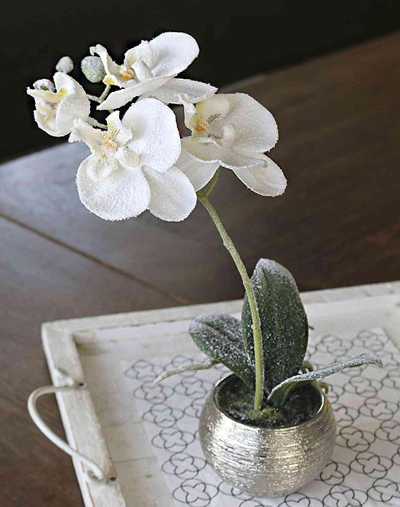 artplants.de Phalaenopsis Orchidee künstlich Karen, Dekotopf, gefroren, weiß, 35cm - Deko Orchidee - Kunstorchidee